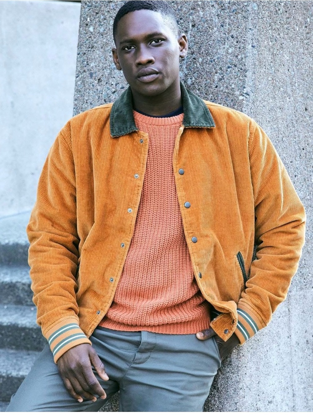 American Apparel Mustard Corduroy Bomber Jacket with Olive Collar